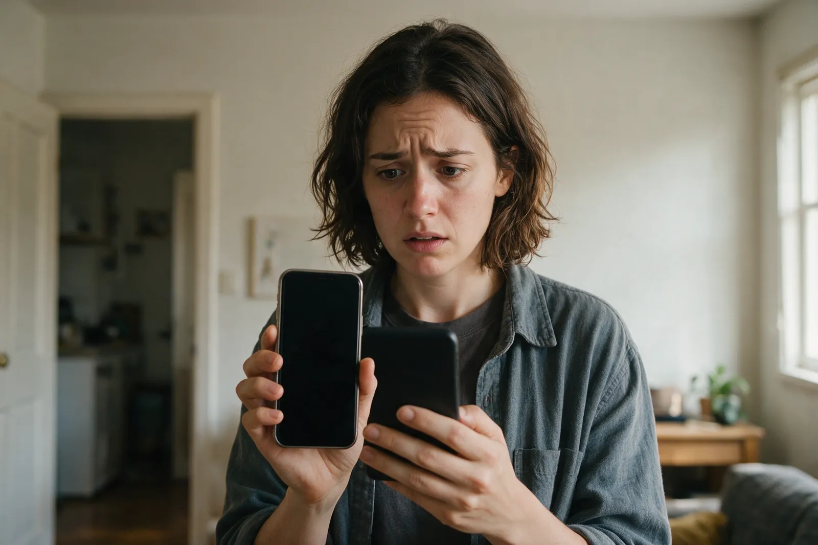 Pessoa preocupada olhando o celular após o banimento do WhatsApp