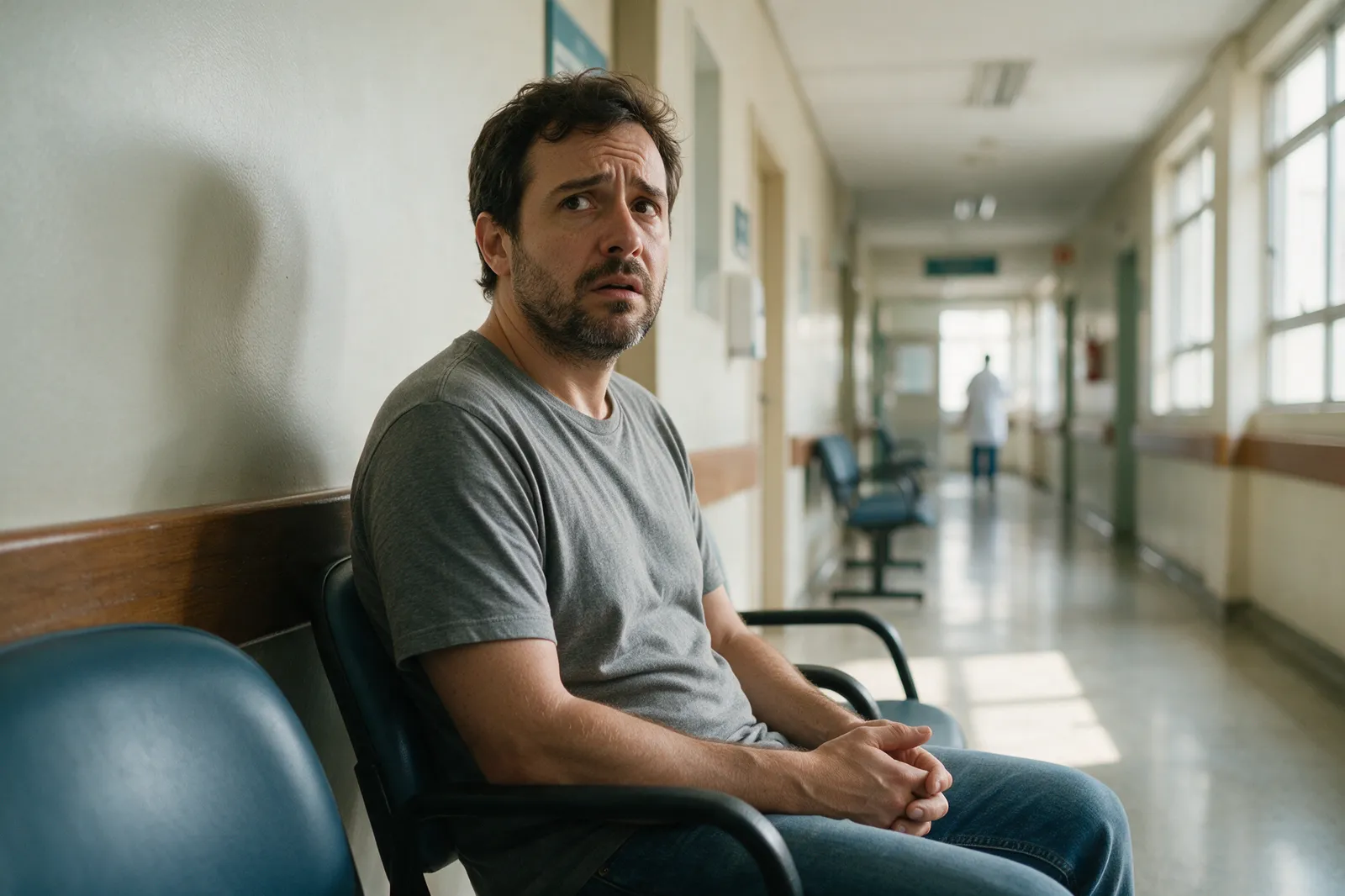 Paciente esperando atendimento em corredor de hospital