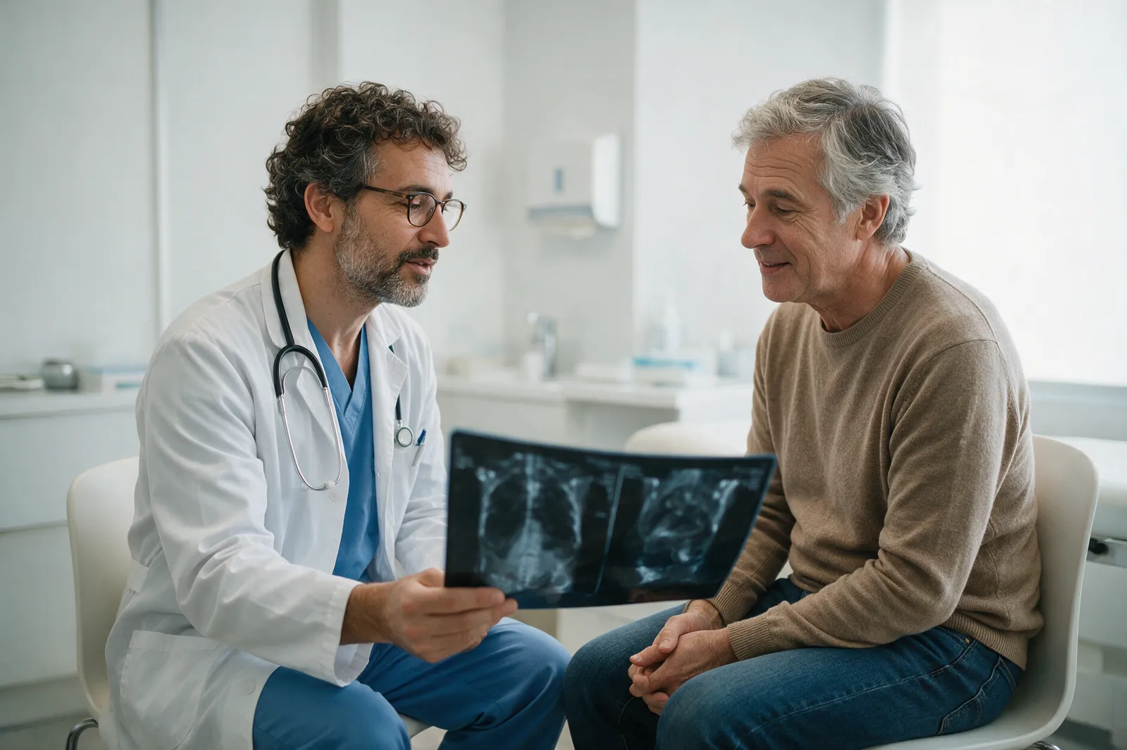 Médico e paciente conversando em consultório diante de um exame de imagem