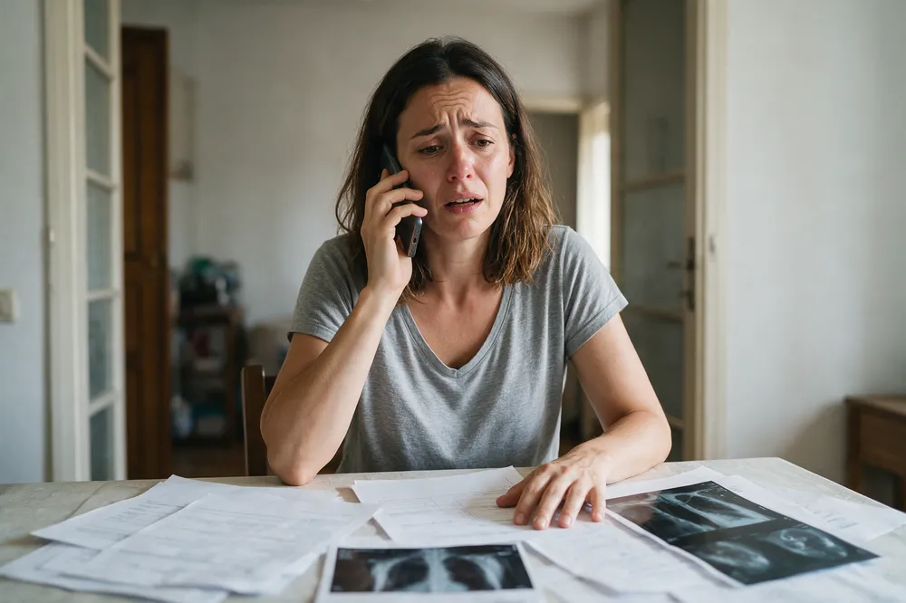 Mulher ao telefone com o plano de saúde, com exames sobre a mesa