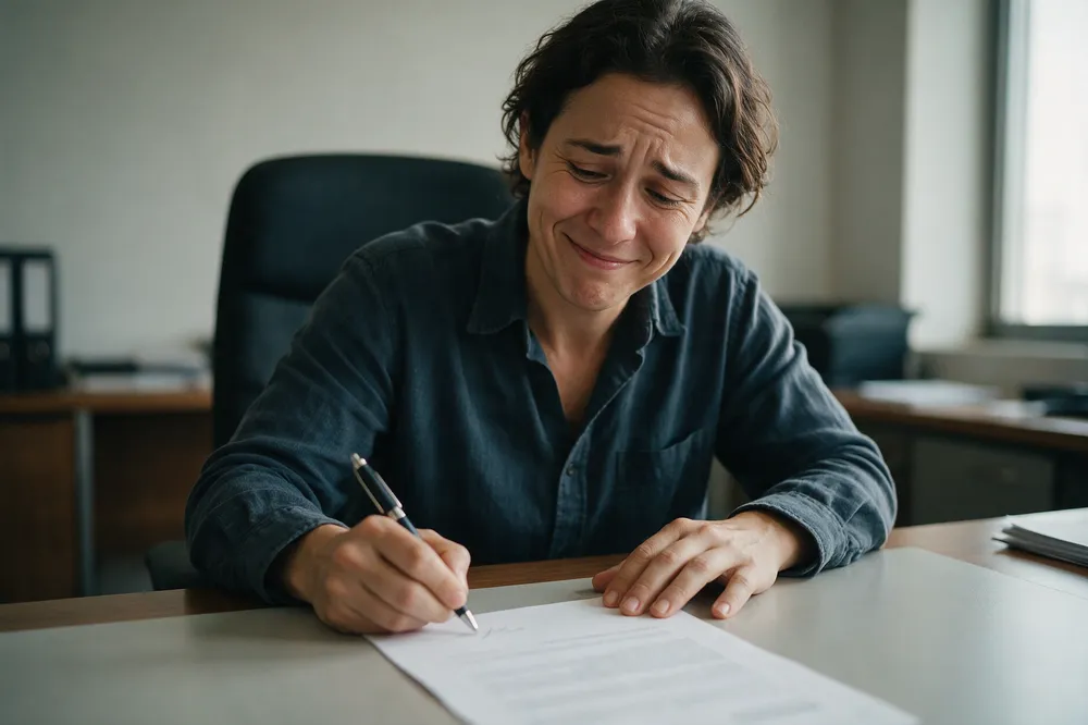 Pessoa assinando um acordo em mesa de escritório