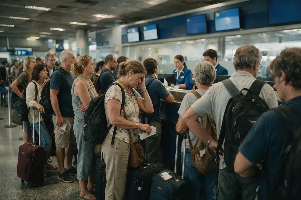 Fila de passageiros diante do balcão de uma companhia aérea