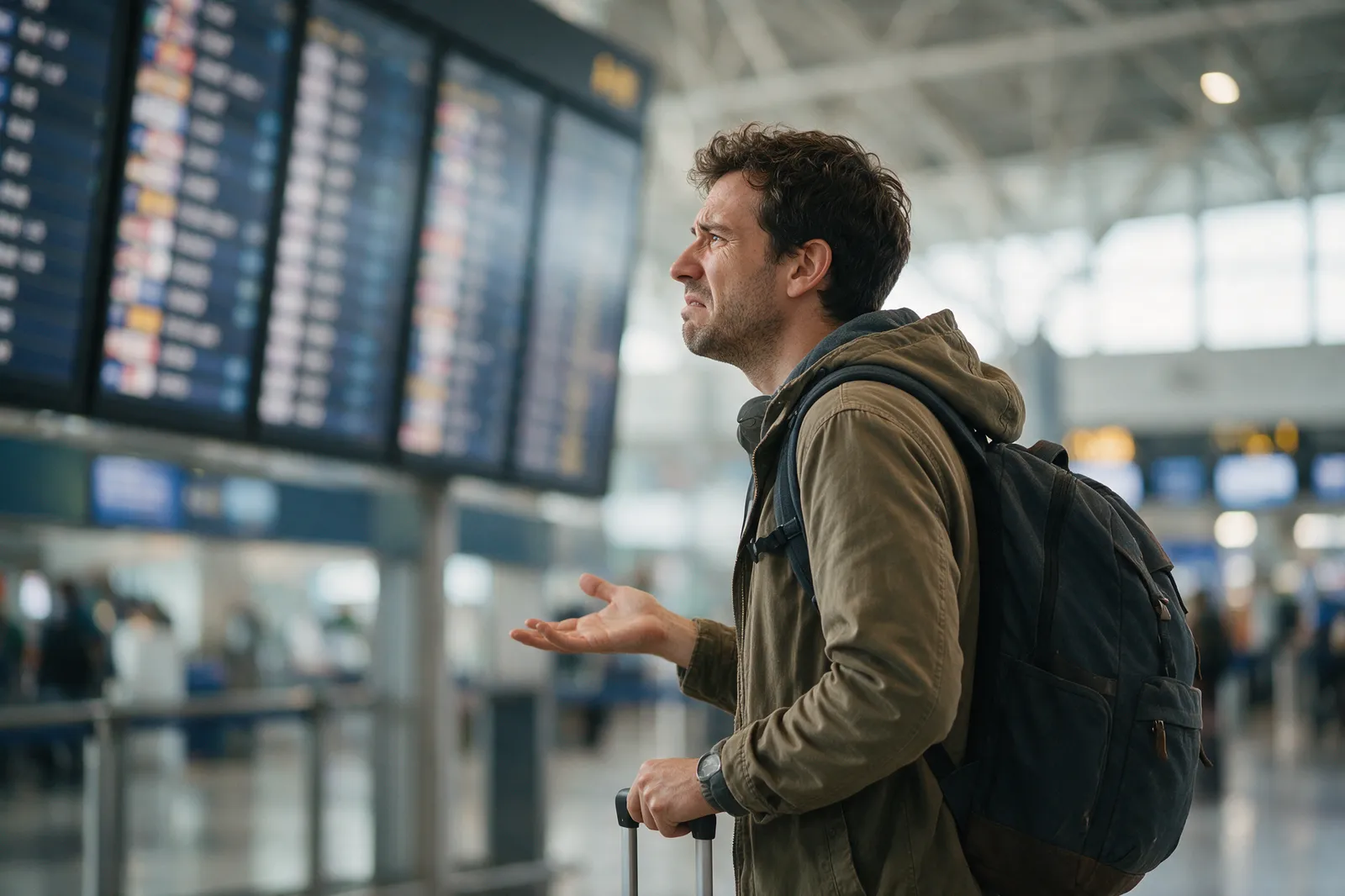 Passageiro olhando o painel de voos em aeroporto, contrariado