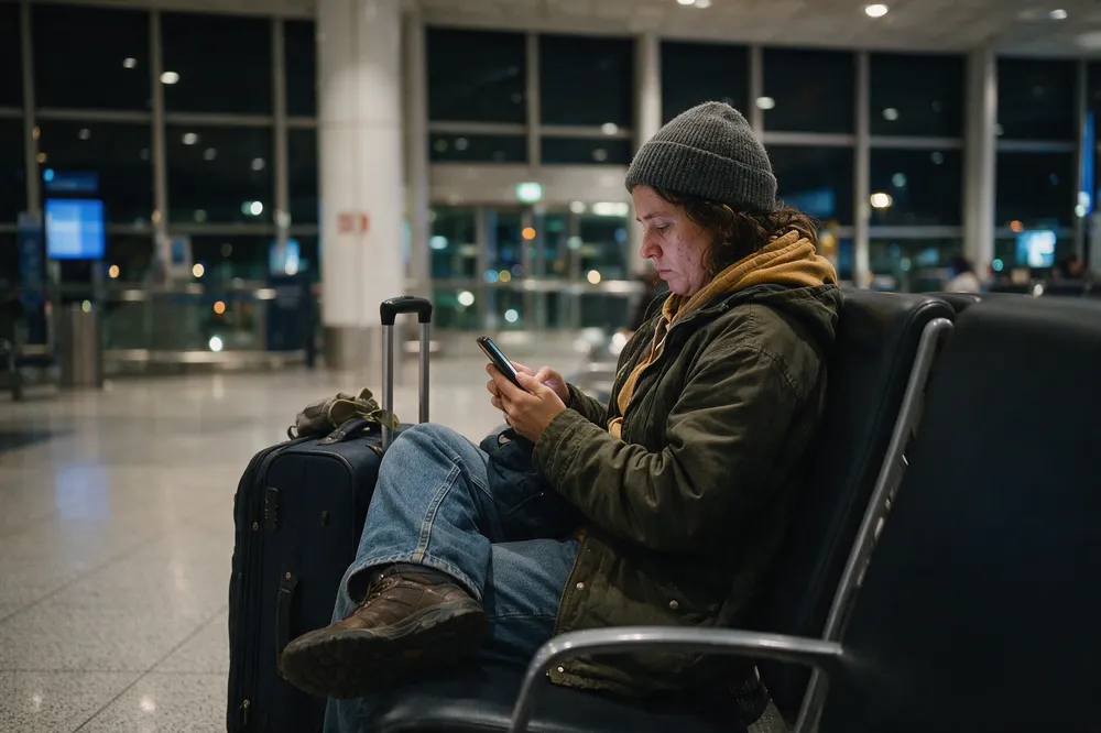 Passageira esperando à noite no saguão do aeroporto, com mala ao lado
